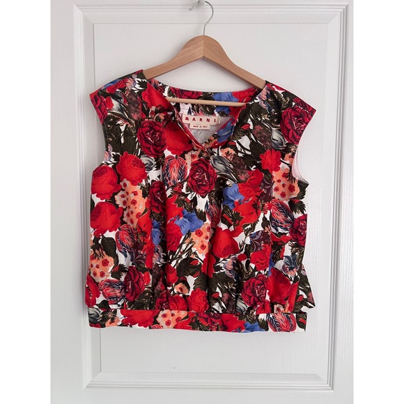 Marni Tops - Marni Floral 100% Cotton Blouse Womens Red Blue Button Hem Made in Italy Luxury